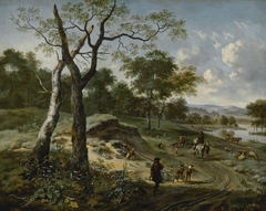 Wooded Evening Landscape with a Hunter and His Dogs by Adriaen van de Velde