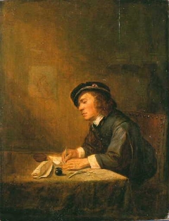 Young man sitting indoors, writing by Joos van Craesbeeck