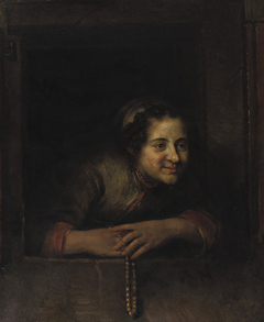 Young woman leaning out of a window; holding a necklace by Philip de Koninck