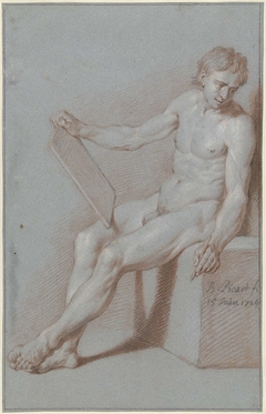 Zittend academienaakt, als tekenaar by Bernard Picart