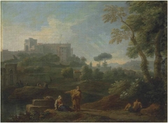 A classical landscape with a capriccio of the Vatican Belvedere, figures conversing in the foreground by Jan Frans van Bloemen