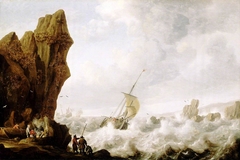 A Fishing Boat in Rough Sea off a Rocky Shore by Julius Porcellis