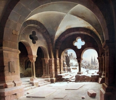 Abbey Cloister in Winter with View towards a Cathedral with Two Towers by Carl Hasenpflug