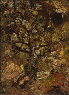 Arbre sur des rochers contre un soleil couchant by Adolphe Joseph Thomas Monticelli