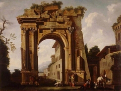 Architectural Capriccio with the Arch of Titus and the Figures of Travellers by Niccolò Codazzi