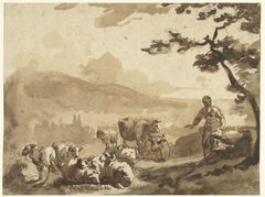 Berglandschap met herders bij hun kudde schapen en koeien by Karel Dujardin