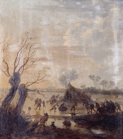 Bevroren meer met grote tent en schaatsers by Jan van Goyen