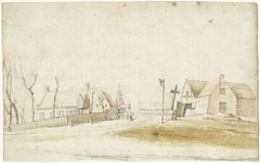 Boerenwoningen en een smidse aan een landweggetje by Gerard ter Borch II