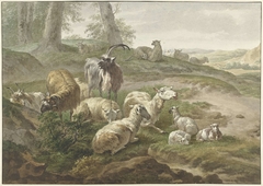 Bokken en schapen in een heuvelachtig landschap by Wybrand Hendriks