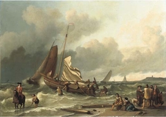 Coastal view with sailing vessels in the surf and figures on the beach by Ludolf Bakhuizen