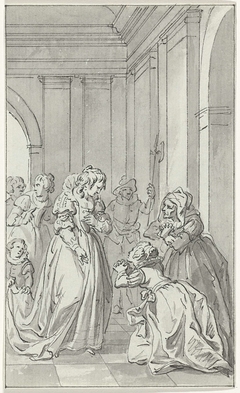 De vrouw en de moeder van Floris de Montmorency, baron de Montigny, smeken Anna van Oostenrijk om voorspraak voor Montigny, die in Spanje gevangen gehouden wordt. by Jacobus Buys