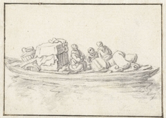 Drie personen in een schuit beladen met huisraad by Herman Saftleven