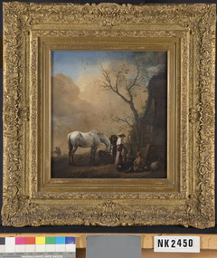 Een schimmel met rustende boeren voor een school by Philips Wouwerman