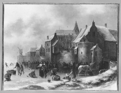 Eislauf vor dem Mauern einer Stadt by Nicolaes Molenaer