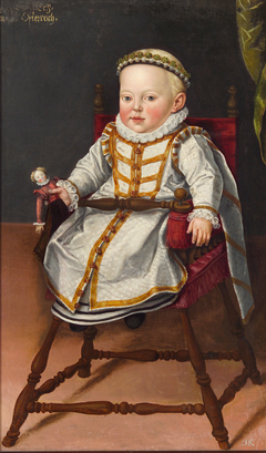 Erzherzogin Katharina Renea (1576-1595) im Alter von einem Jahr in einem Kindersessel sitzend mit einer Puppe by Cornelis Vermeyen