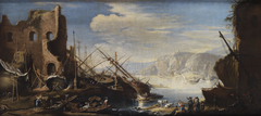 Fantasy Landscape with Harbor, ruins, Vessels, Ship Parts, Wrecks, Shipbuilders and People by Anonymous