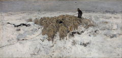 Flock of sheep with shepherd in the snow by Anton Mauve