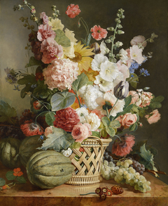 Fruits et fleurs dans une corbeille d'osier by Antoine Berjon