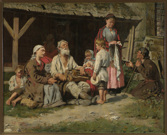 Genre scene – a hurdy-gurdy player in front of a cottage by Kazimierz Pochwalski