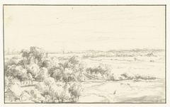 Gezicht vanaf de duinen over uitgestrekt landschap by Unknown Artist