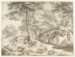 Herder met schapen bij een ruïne tussen bomen by Nicolaes Pietersz. Berchem