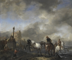 Horsepond near a boundary stone by Philips Wouwerman