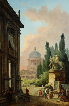 Imaginary View of Rome with the Horse Tamer of the Monte Cavallo and a Church by Hubert Robert