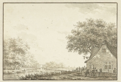 Kolfspelers bij een herberg aan een water by Jacob Cats 1741-1799