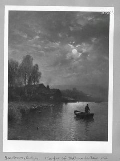 Landscape at moonlight fishing - men in a boat by Sophus Jacobsen