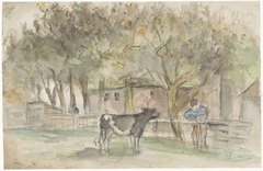 Landschap met een koe en een boer by Jozef Israëls