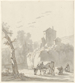 Landschap met herder, twee koeien en schapen by Wouter Johannes van Troostwijk