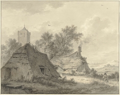 Landschap met twee boerderij en een kerktoren by Pieter Pietersz Barbiers