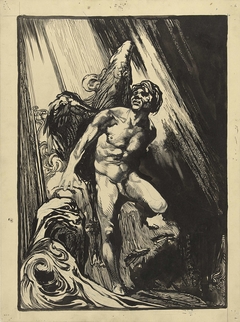 Lucifer in een rotslandschap bij een stroom, opziend naar het licht by Johannes Josephus Aarts
