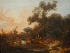 Paysage avec figures et troupeau au soleil couchant by Philip James de Loutherbourg