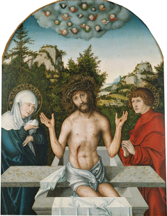 Pfirtscher Altarpiece: Christ as the Man of Sorrows, seated on a sarcophagus between the Virgin and St John by Lucas Cranach the Elder