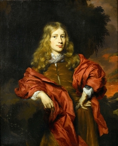 Portrait of a Gentleman in a Brown Tunic with a Red Cloak in a Wooded Landscape by Nicolaes Maes