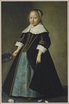 Portrait of a girl in a blue and black dress with gold trimming, with white lace collar by Jan de Stomme