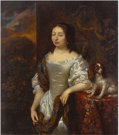 Portrait of a Lady with a Dog on a Table by Caspar Netscher