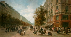 Queue à la porte d'une épicerie (angle de la rue Réaumur et du boulevard Sébastopol) en novembre 1870 by Alfred Decaen