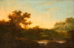 River Landscape, with Fisherman, and distant Ruins of an Abbey by George Smith