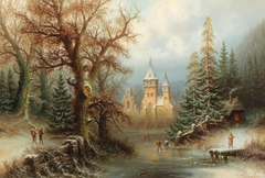 Romantic Winter Landscape with Ice Skaters by a Castle by Albert Bredow