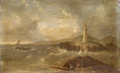 Shipping off the coast near a lighthouse by Anonymous