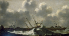 Ships in a gale by Claes Claesz Wou