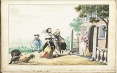 Stel begroet een dame bij de deur van een landhuis by Gesina ter Borch