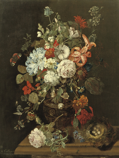 Still life with flowers, a bird's nest and butterflies by Maria Geertruida Barbiers