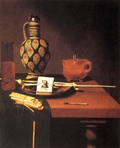 Still life with glass, flask, pipe and tobacco packet by Hubert van Ravesteyn