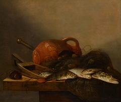 Still life with various fish, a shell, an earthenware jug, and fishnet by Johannes Kuveenis