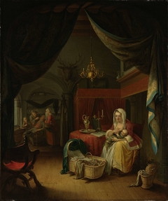 Triptych with an Allegory of Art Education, central panel, The Lying-in Room (A Mother Nursing her Child), a Dentist in the background by Willem Joseph Laquy