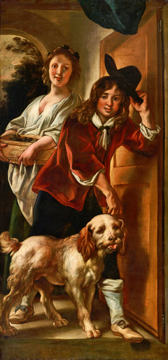 Trompe l'oeil door piece of a maid, a boy taking off his hat and a dog by Jacob Jordaens