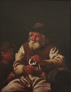 Un vieil homme tricotant avec un garçon à ses côtés by Michiel Sweerts